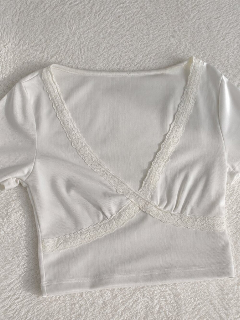 Lace Trim Ribbed Crop Top Light Grey XS